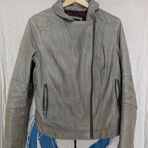 Grey leather moto / motorcycle jacket